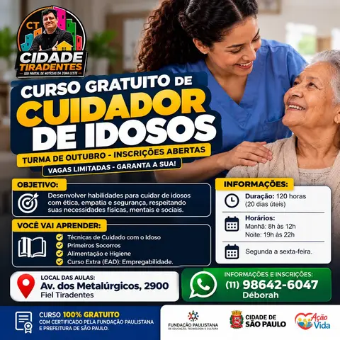 Curso gratuito de Cuidador de Idosos abre inscrições para turma de outubro em Cidade Tiradentes